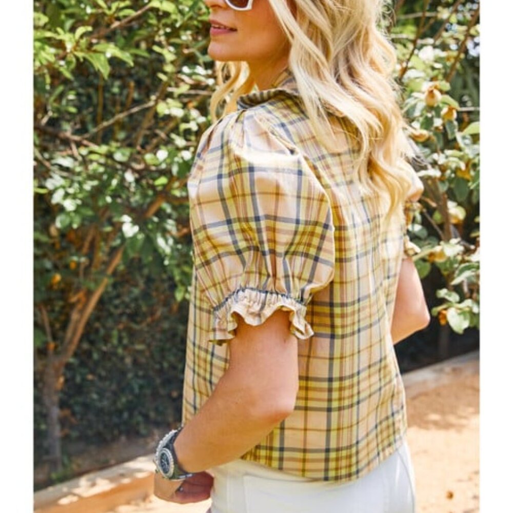 Plaid Short-Sleeve Ruffle Blouse - Yellow
